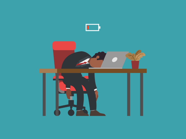 very low energy professional exhausted at their desk illustration